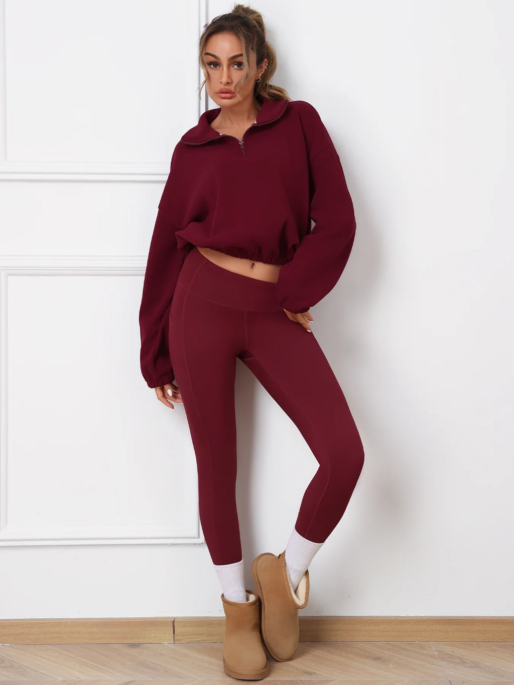 2PCS Thermal Yoga Set Fleece Fintness Suit Women's Sports Set  Fleece Pullover Sweatshirt with Non-fleece-lined  Leggings