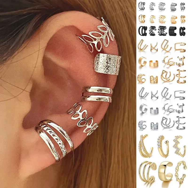 KOTiK 2024 New Gold Silver Color Leaves Clip Earrings for Women Fashion Ear Cuff Non-Piercing Earrings Set Trend Jewelry Gift