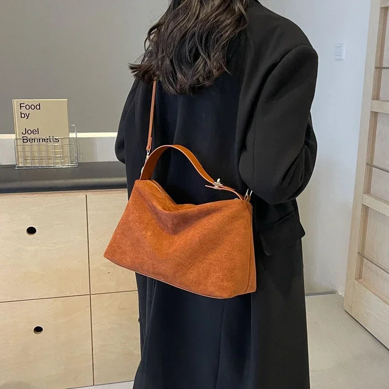 New Solid Color PU Zipper Women's Bag Suede Large Capacity Women's Shoulder Bag Fashion Versatile Casual Dual Purpose Handbag