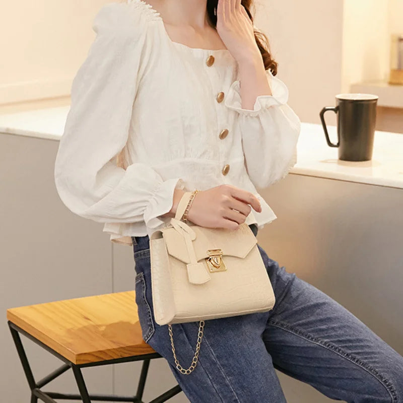 Chic Crocodile-Embossed Mini Handbag for Women Solid Color, Twist Lock Closure Handbags Women Designer Tote Bag for Women Purse