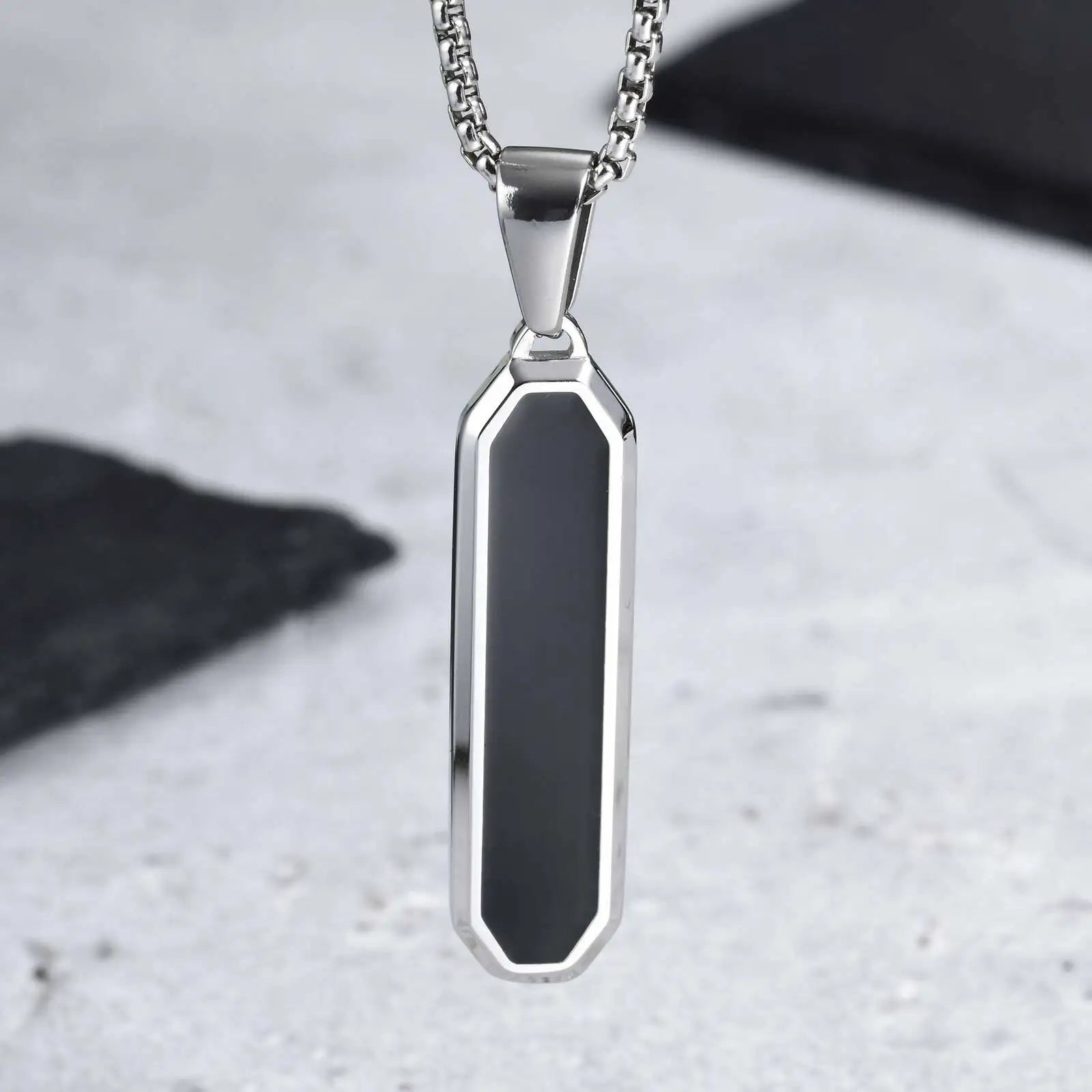 Casual Mens Geometric Square Necklaces,Black Enamel Rectangle Pendant with Rope Box Long Chain Collar,Stylish Jewelry Gifts
