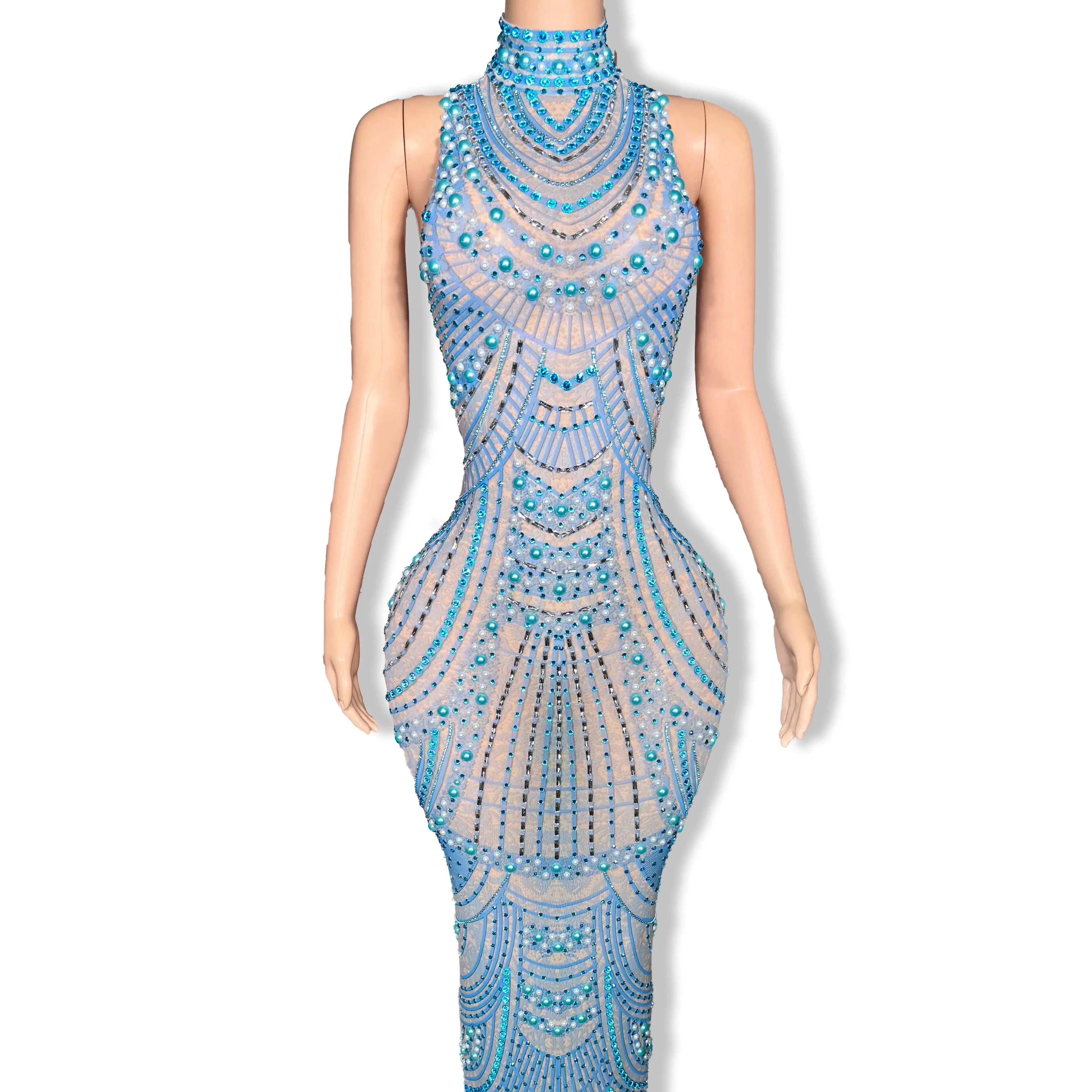ZD Women's Sexy See Through Sheer Mesh Long Sleeve Hollow Out Rhinestone Decor Floor-length Party Dress