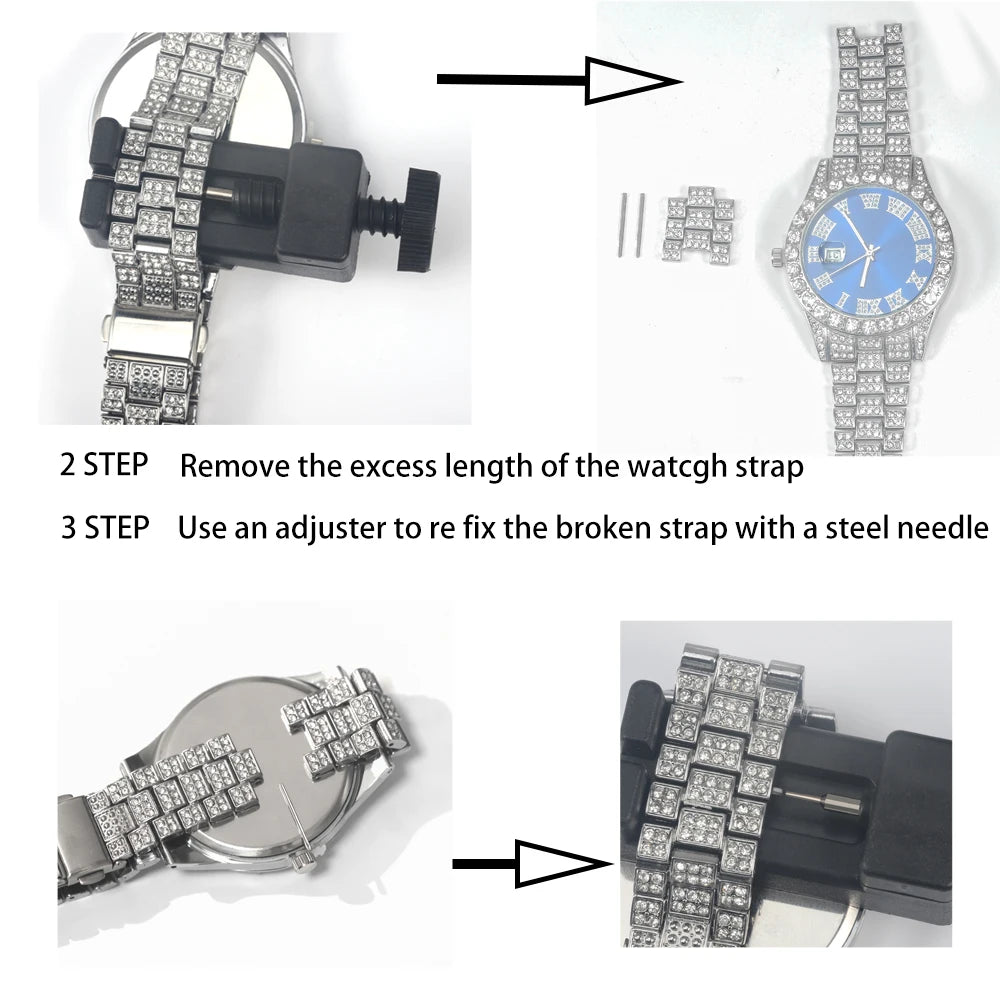 1pc Men Women Quartz Watch Iced Out Hip-hop Punk Full Diamonds Wrist Watch Bundled Size Adjuster Stylish Party Jewelry Gift Box