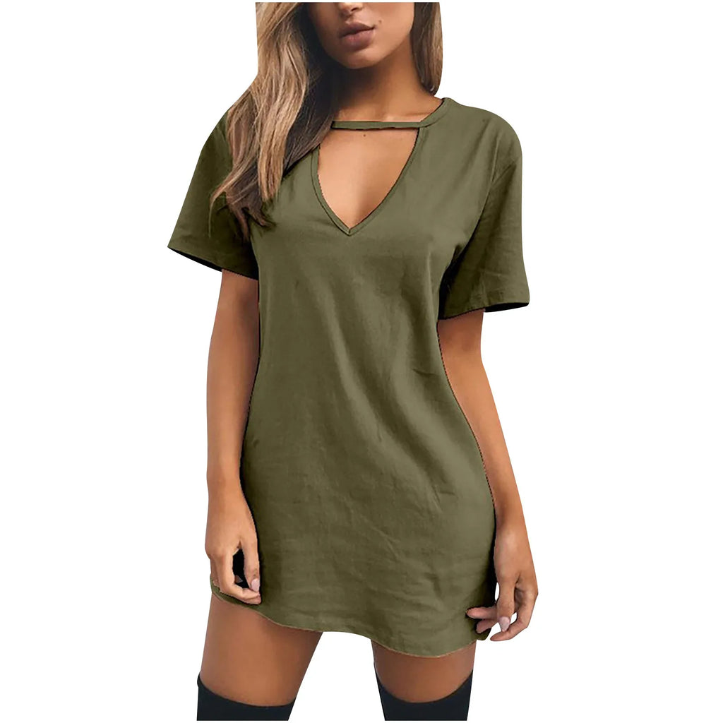 Sexy Elegant Dress Wrap Deep V Neck Cut Out Loose Dress Women Solid Color Short Sleeve Mini Dress Club Party Vestidos