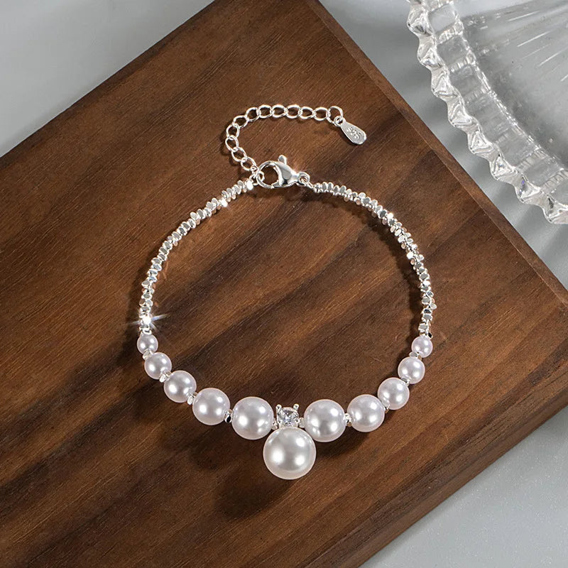 New 925 Silver Geometric Bead Pearl Punk Irregular Asymmetric Adjustable Bracelet For Woman Girl Fashion Jewelry Gift Dropship