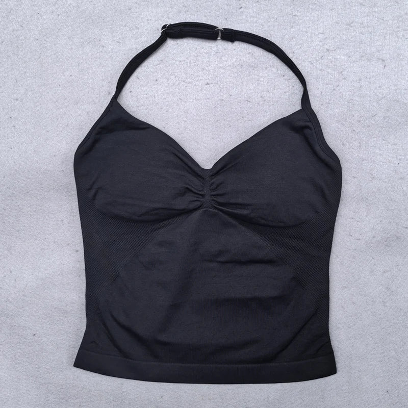 Adjustable Strappy Gym Top - Backless Scrunch Bra with Removable Cups