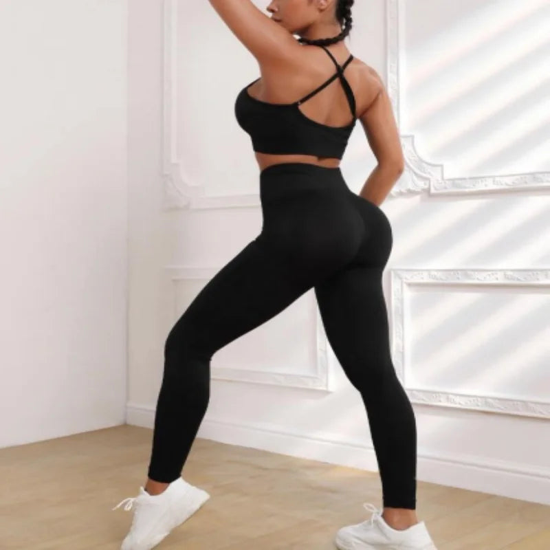 Removable-Padded Backless Crop Top And High-Waisted Yoga Pants Running Set Peach Design Fitness Outfit for Women