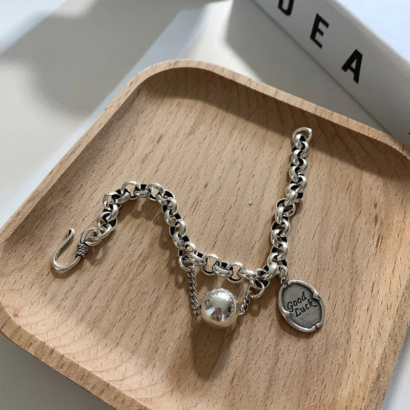 New 925 Silver Geometric Bead Punk Peace of Mind Words Irregular String Bracelet For Woman Girl Fashion Jewelry Gift Dropship