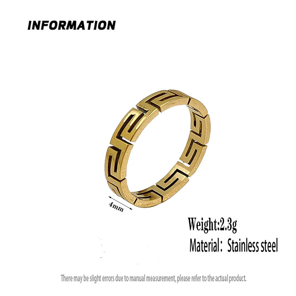 Creative - Greek key pattern stainless steel finger ring, high quality waterproof jewelry, gift for friends