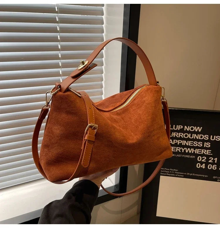New Solid Color PU Zipper Women's Bag Suede Large Capacity Women's Shoulder Bag Fashion Versatile Casual Dual Purpose Handbag