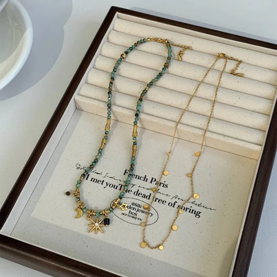 ZAKOL Vintage Bohemian Style Stone Beads Necklace for Women Charm Mang Star Pendant Stacked Clavicle Chain Fashion Jewelry Gifts