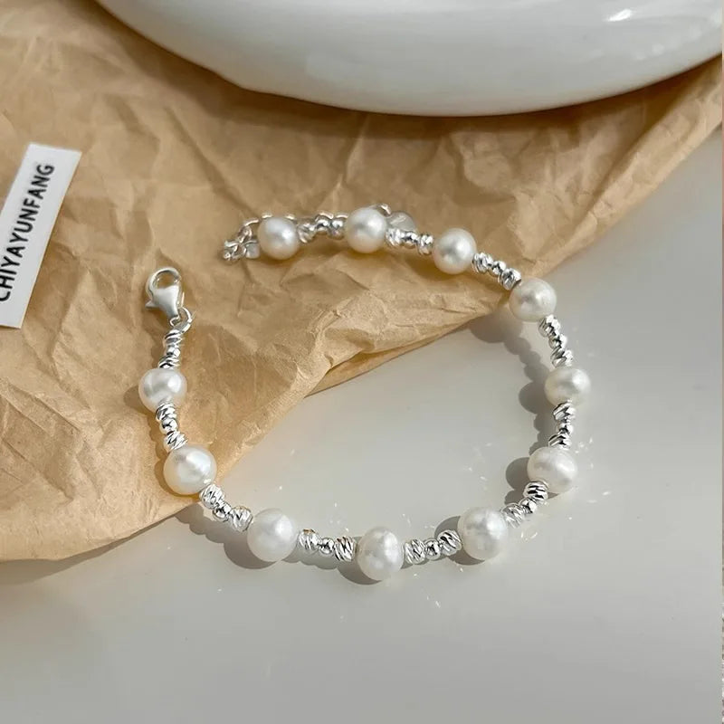 New 925 Silver Geometric Bead Pearl Punk Irregular Asymmetric Adjustable Bracelet For Woman Girl Fashion Jewelry Gift Dropship