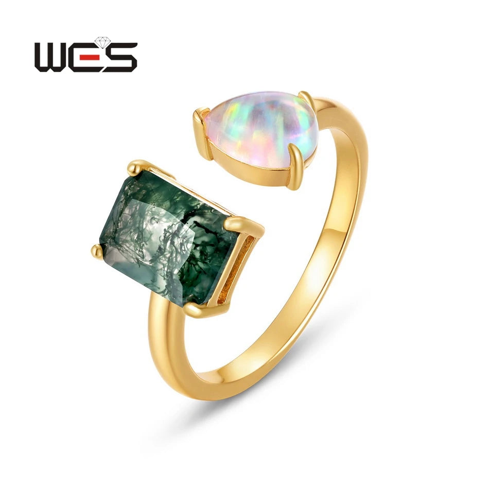 WES 925 Sterling Silver Open Ring for Woman Classic Unique Green Moss Agate Crystal Ring Engagement Gift Wholesale Oval Cut