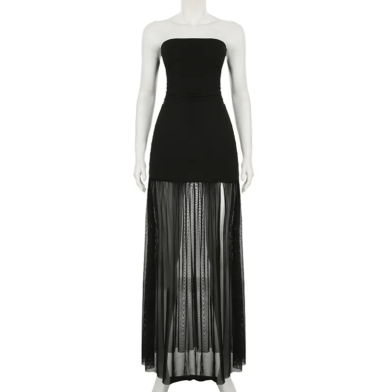 Tornova Sexy Strapless Split Long Dress For Women Mesh Splice Retro Elegant Party Dress Sleeveless Summer Vacation Dress Female