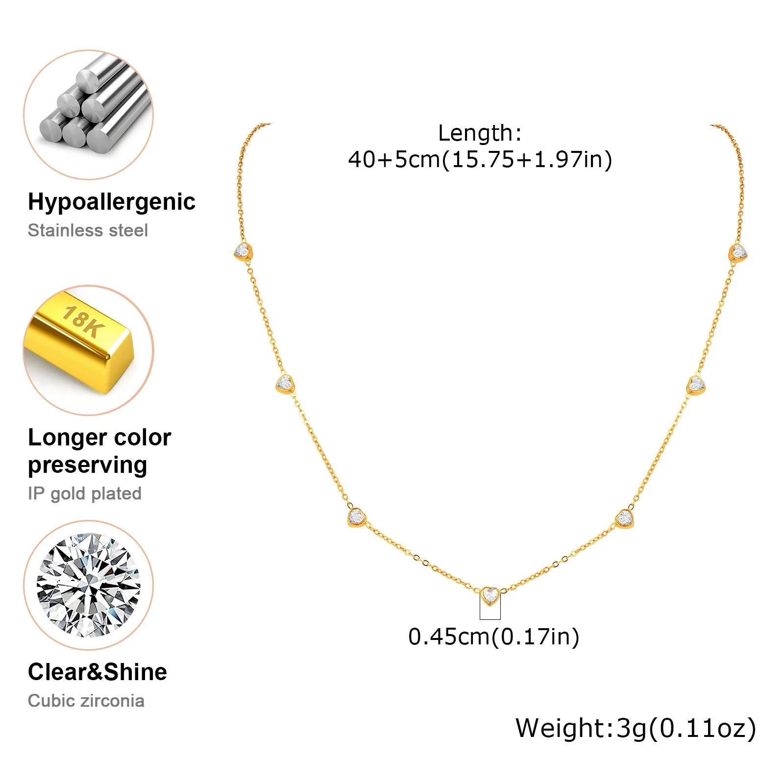 Vnox Shiny CZ Stones Heart Chain Necklace For Women,18k Gold Plated Simple 45cm Length Collar, Love Statement Jewelry Gift
