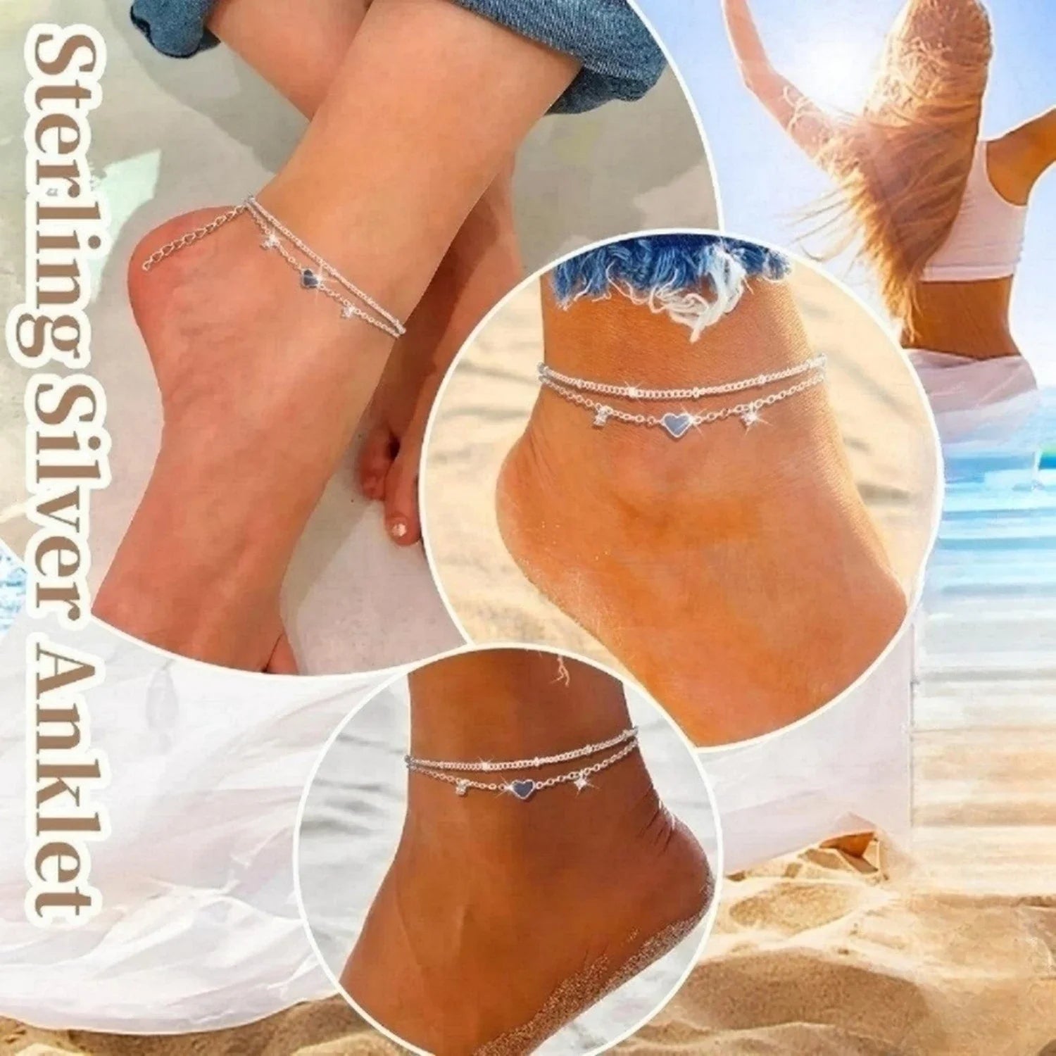 Anklet Bracelets for Women Waterproof, 925 Sliver Plated CZ Heart Layer Anklets for Women Anklet Gifts for Women, Jewelry Gifts