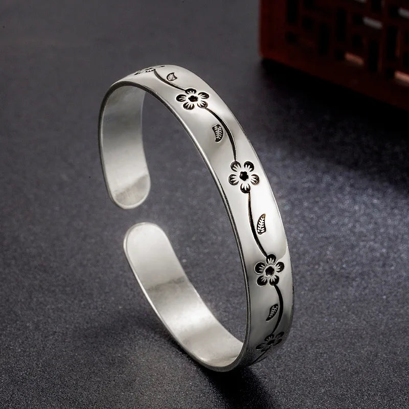 Buyee 925 Sterling Silver Female Bangles Circle Plum Bossom Open Bangles for Women Fashion Fine Jewelry Bangles Gift