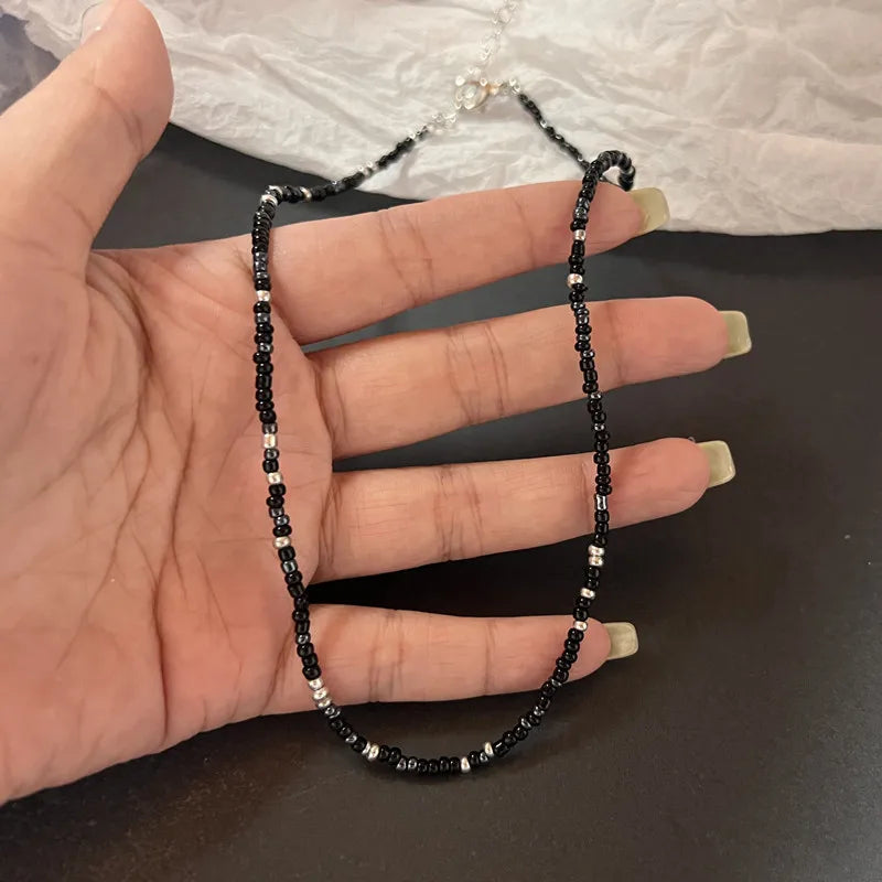 Natural Stone Black Beads Choker Necklace For Men Stainless Steel Bead Hip Hop Neck Chain Men Jewelry Accessoriees New