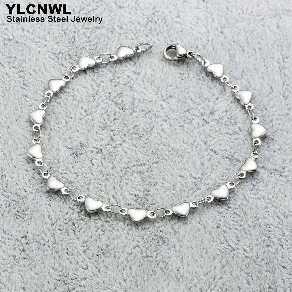 Stainless Steel Heart Bracelet For Women Link Chain Gold Silver Color Charm Female Cute Romantic Jewelry 7-9 Inch