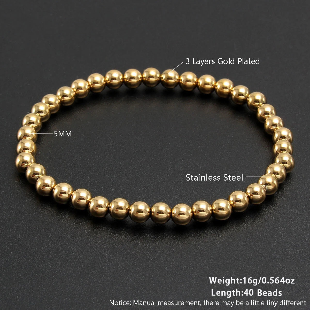 MHS.SUN Fashion Waterproof Smooth Stainless Steel Bracelets 2-10mm Elastic Beaded Gold Plated Stackable Bracelet Women Jewelry