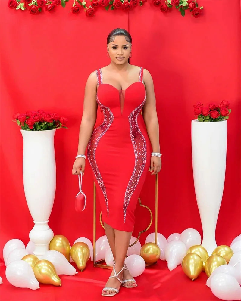 Sexy Spaghetti Strap V-neck Bandage Bodycon Dress Women Elegant Mesh Patchwork Diamonds Cocktail Party Dresses Vestidos Midi