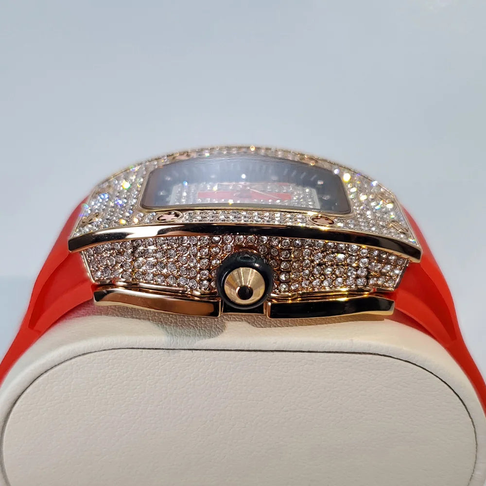 Luxury Diamond Watch For Women Elegant Tonneau Original Design Watches Fashion Ice Out Sport Rubber Strap Waterproof Mille Clock