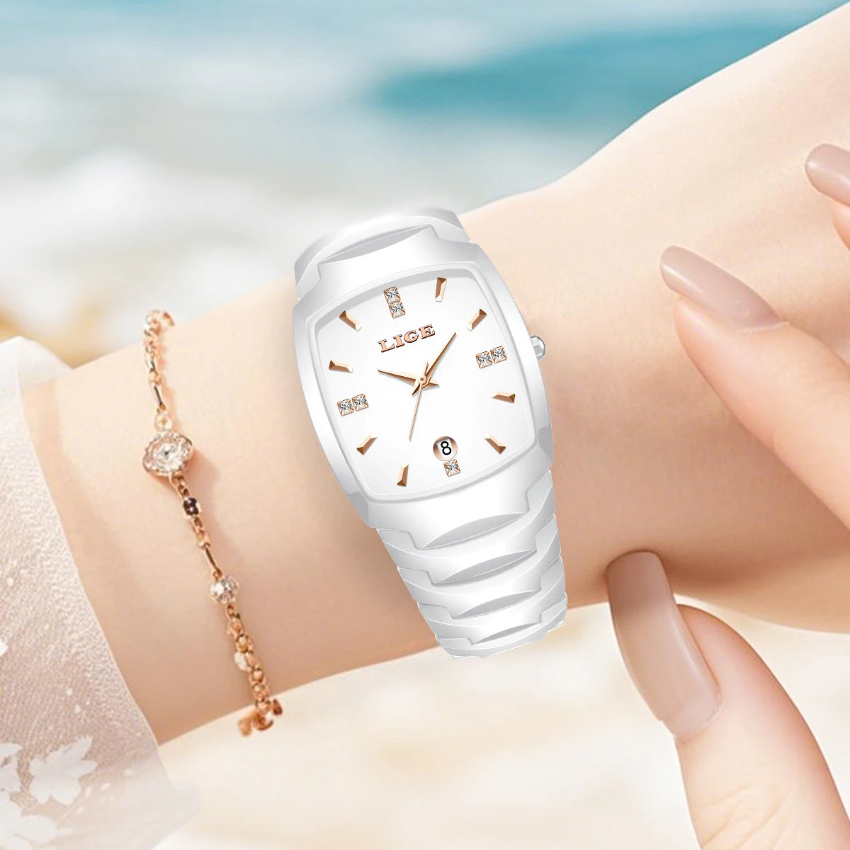 LIGE Fashion Luxury Ceramic Watch - Simple Elegant Calendar Women