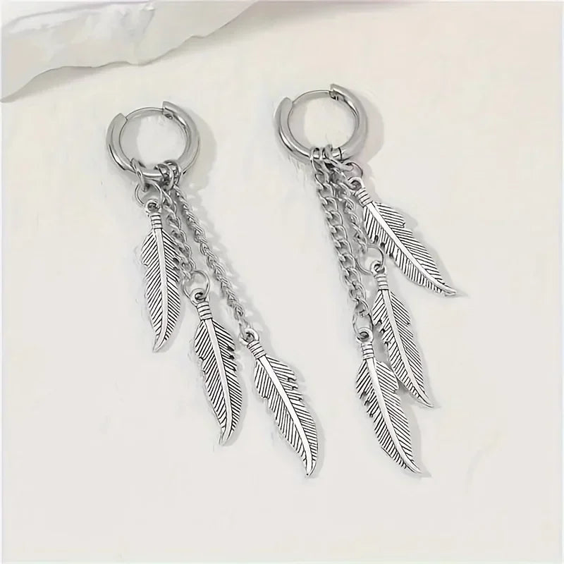 Fashionable and Creative Stainless Steel Colorful Feather Pendant Earrings Street Charm Cool Earrings for Men and Women