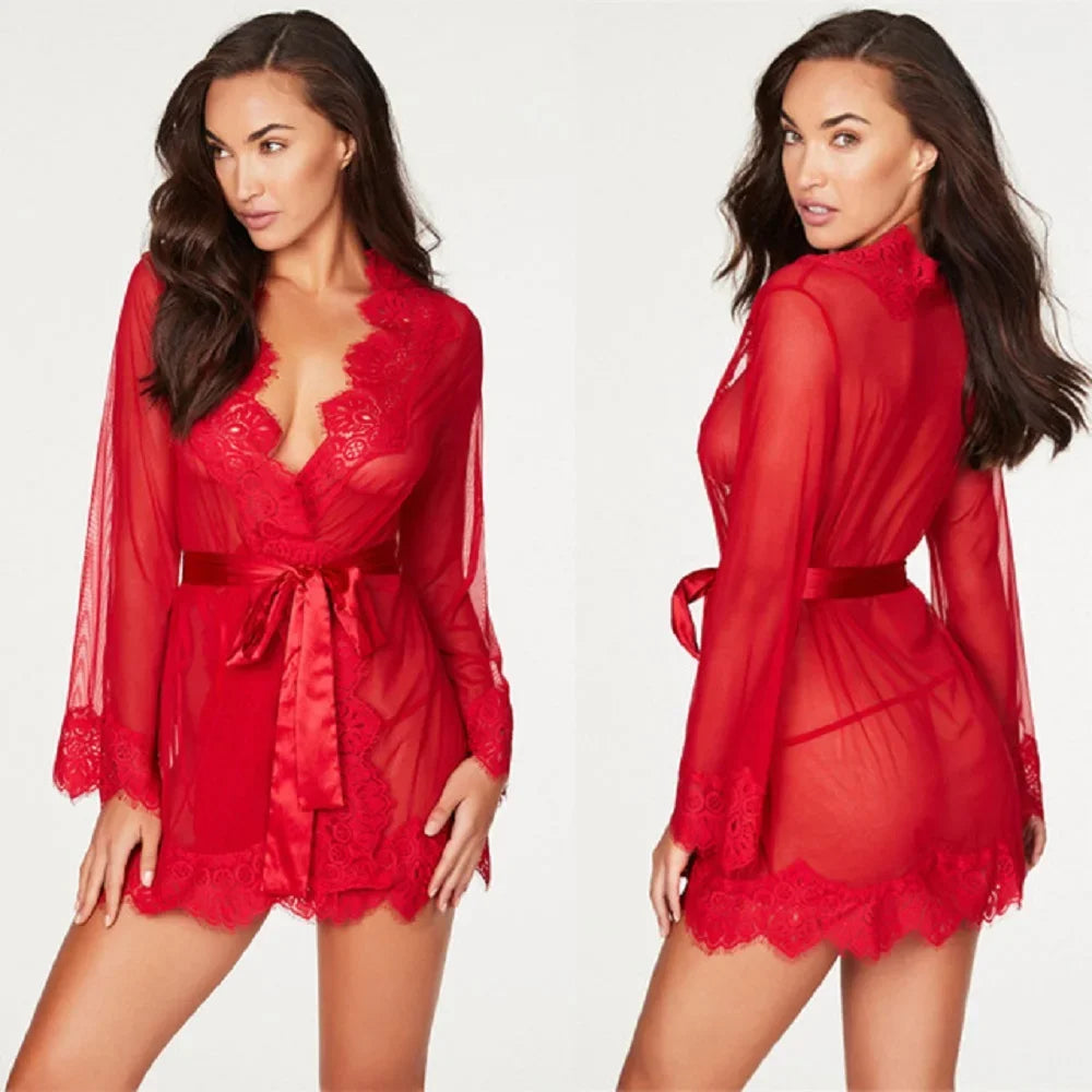 Sexy Lace Robe Dress+G String Thongs Women Erotic Transparent Sleepwear Pajamas Lace Nightdress Mujer Pornos Costumes Underwear