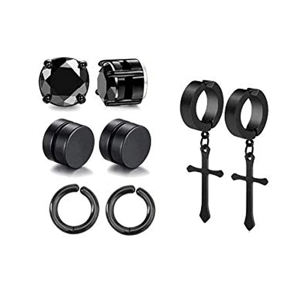 4 Pairs Simple Stainless Steel Magnetic Stud Earrings For Men, Cross Pendant Ear Clips, Cool Non Pierced Earrings