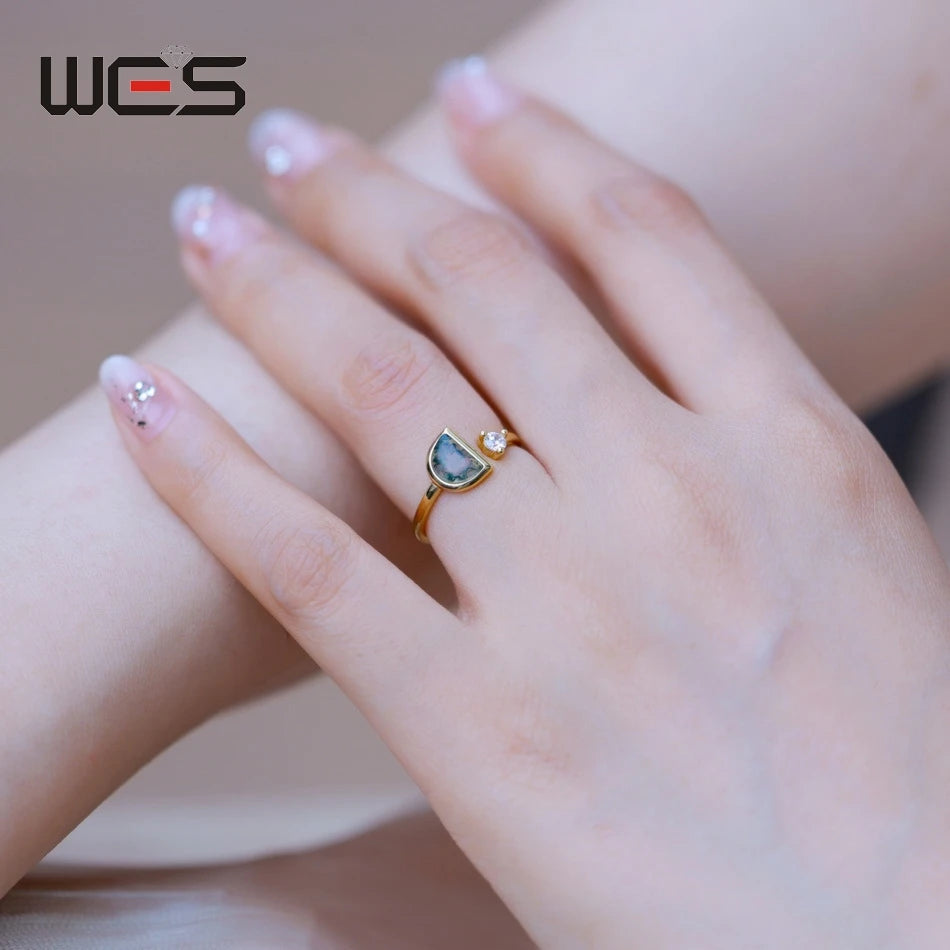 WES 925 Sterling Silver Open Ring for Woman Classic Unique Green Moss Agate Crystal Ring Engagement Gift Wholesale Oval Cut