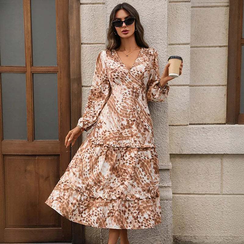Casual Loose Printed Long Dresses For Women 2025 Fashion Autumn Women's A-Line Midi Dress Elegant Vintage Female Dresses