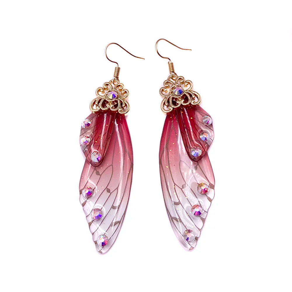 Handmade Fairy Simulation Wing Earrings Insect Butterfly Wing Drop Earrings Foil Rhinestone Earrings Romantic Bridal Jewelry