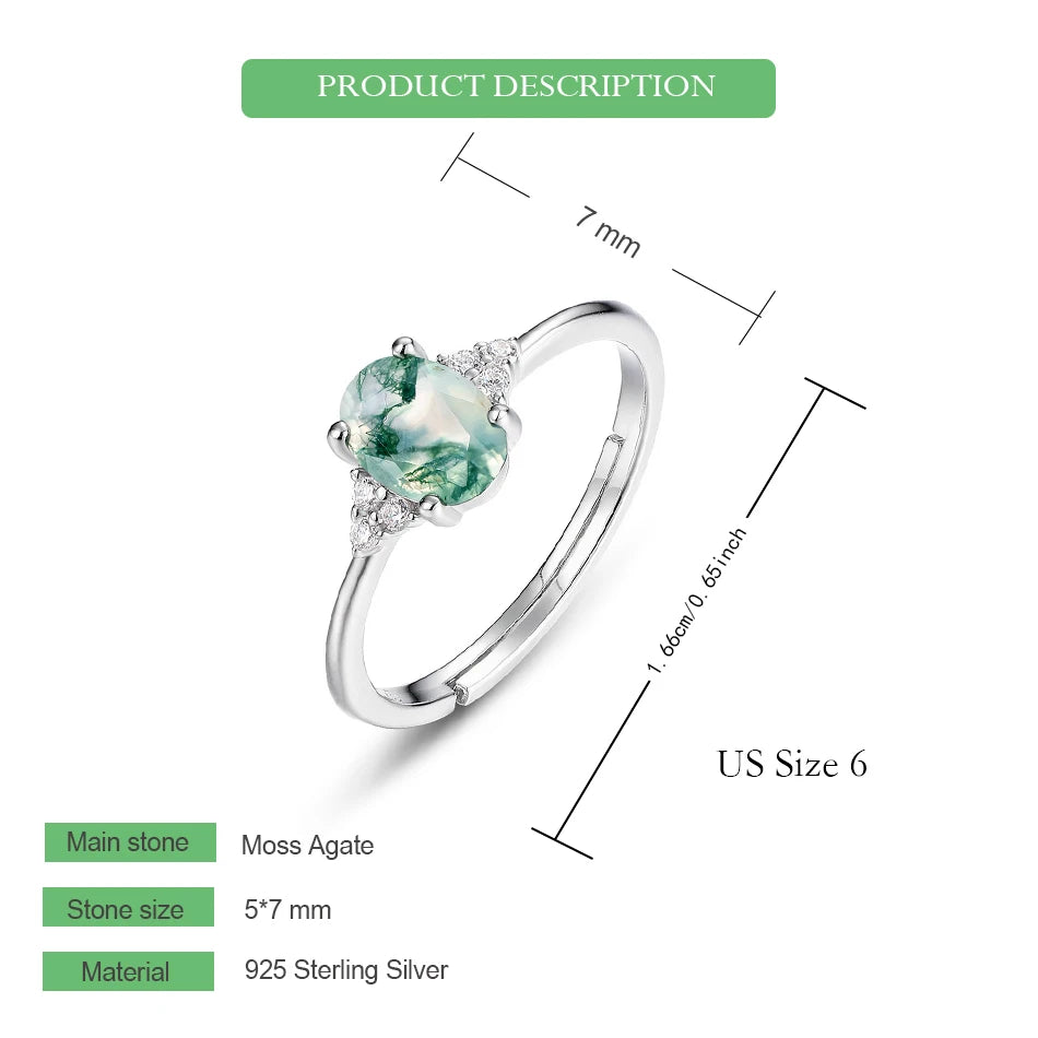 WES 925 Sterling Silver Open Ring for Woman Classic Unique Green Moss Agate Crystal Ring Engagement Gift Wholesale Oval Cut