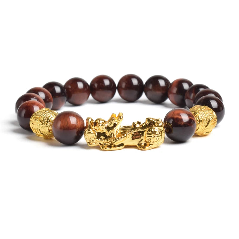 Pi Xiu Tiger Eye Stone Beads Bracelet Feng Shui Yellow Power Stone Women Men Elastic Jewelry Gold Color Pixiu Good Luck Bracelet