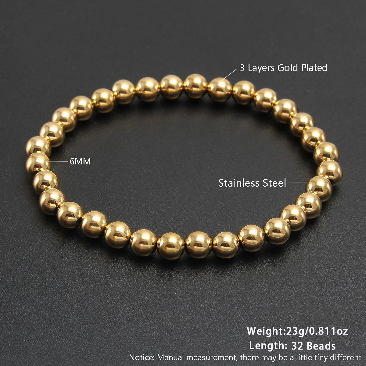 MHS.SUN Fashion Waterproof Smooth Stainless Steel Bracelets 2-10mm Elastic Beaded Gold Plated Stackable Bracelet Women Jewelry