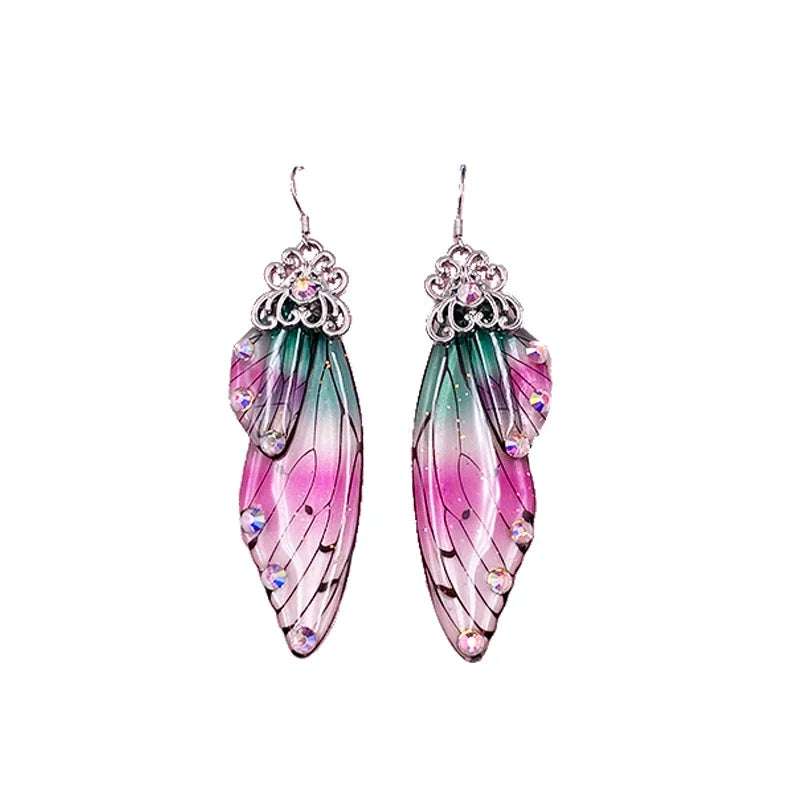 Handmade Fairy Simulation Wing Earrings Insect Butterfly Wing Drop Earrings Foil Rhinestone Earrings Romantic Bridal Jewelry