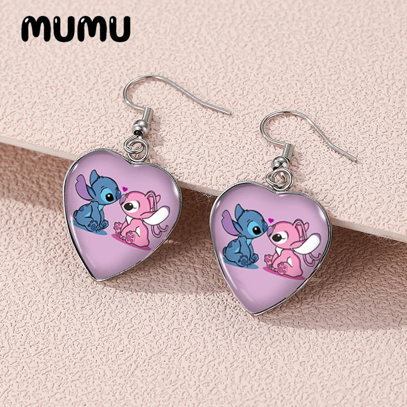 2024 New Lilo Stitch and Angel Dangle Earring Heart Shaped Earrings Handmade Glass Dome Jewelry Gifts Fans