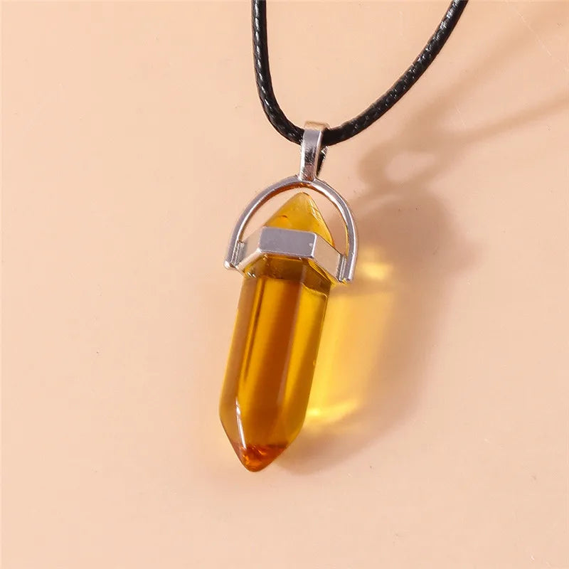 Natural Stone Quartz Lapis Opal Amethyst Pink Crystal Stone Hexagonal Column Pendant Necklaces Leather Chain Bullet Necklace