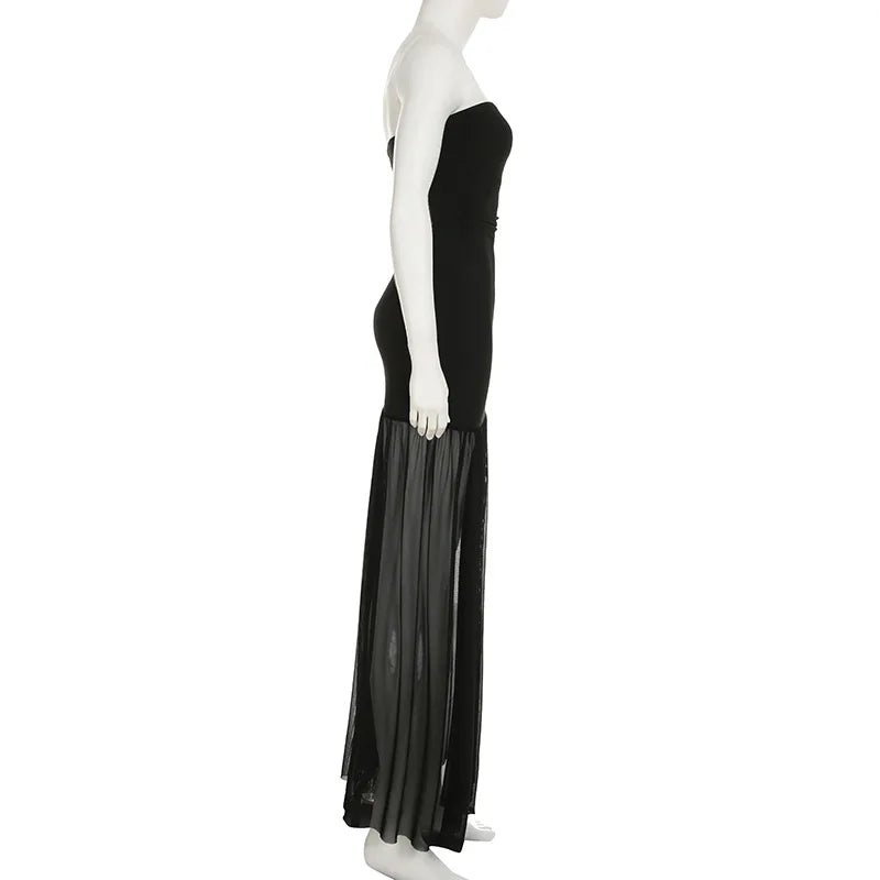 Tornova Sexy Strapless Split Long Dress For Women Mesh Splice Retro Elegant Party Dress Sleeveless Summer Vacation Dress Female