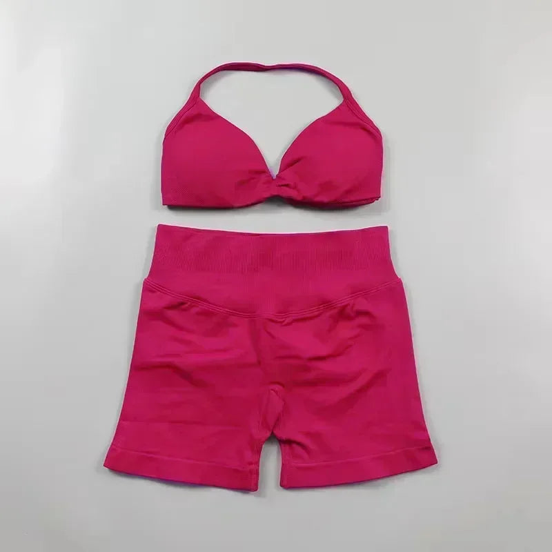 Seamless Sportswear Workout Set Women Two Piece Strappy Yoga Bra Top Scrunch Shorts Gym Clothes