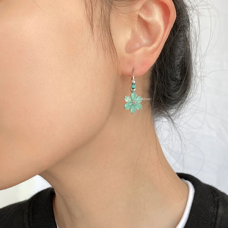 French Fresh Sweet Mint Colored Flower Hoop Earrings For Women Fashionsimple Metal Jewelry Summer Daily Earrings Gifts