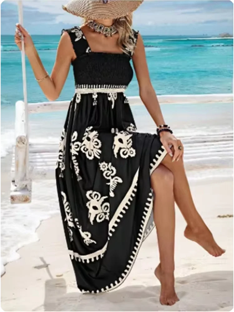 Trendy Square Neck Sleeveless Printed Dresses Women's Suspender High Waist Dress Beach Vacation Robe