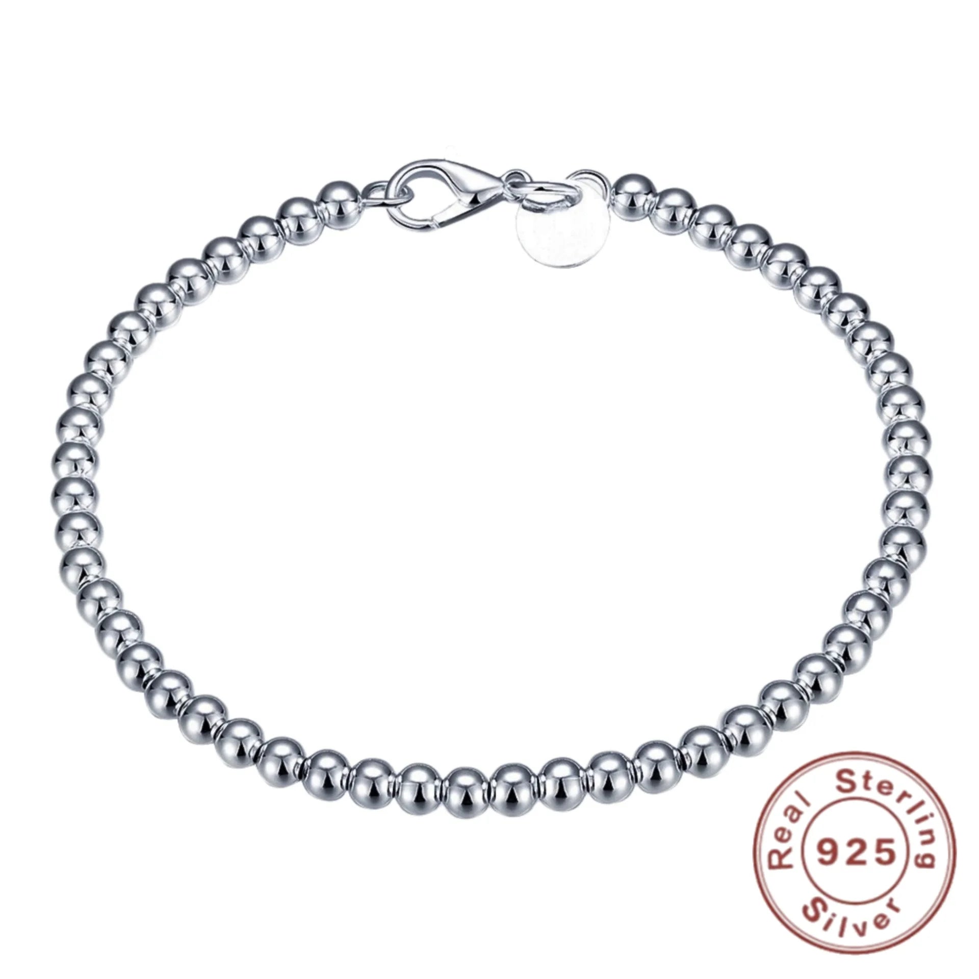 925 Sterling Silver Plated 4MM  Beads Ball Chain Bracelet For Women Men Fashion Jewelry elegant Jewelry Birthday Gift for women