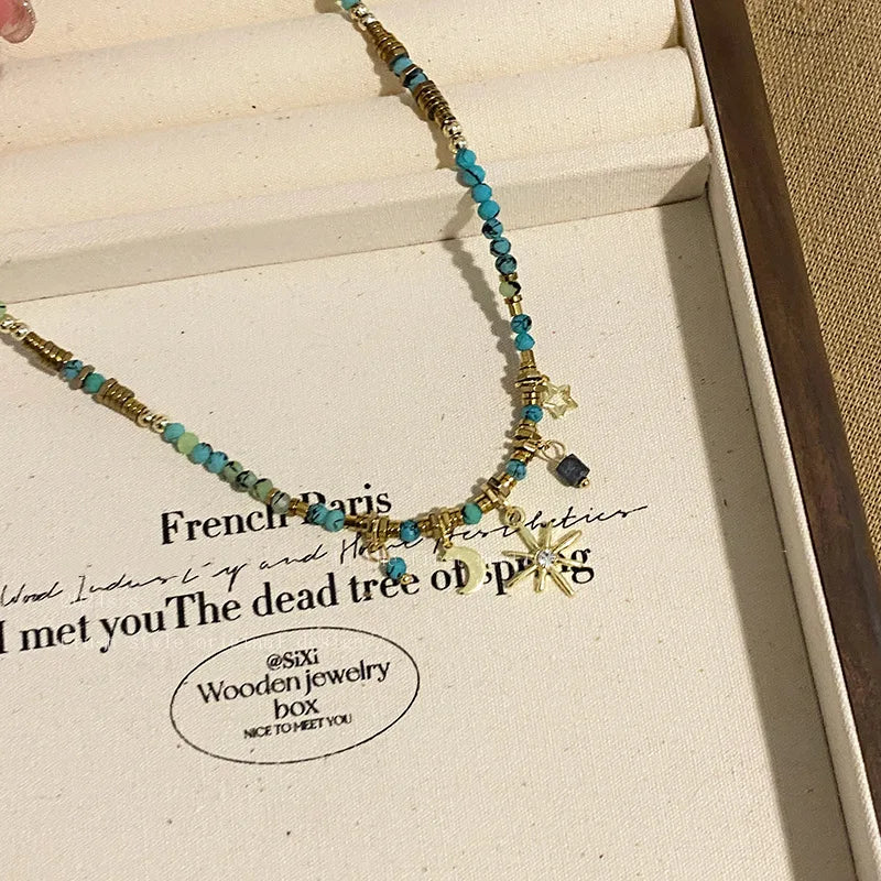 ZAKOL Vintage Bohemian Style Stone Beads Necklace for Women Charm Mang Star Pendant Stacked Clavicle Chain Fashion Jewelry Gifts