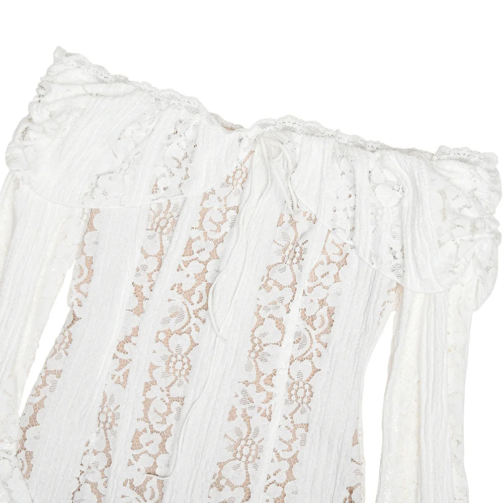 Suninheart Wedding Guest Dress - Off Shoulder Lace Flare Sleeve Maxi
