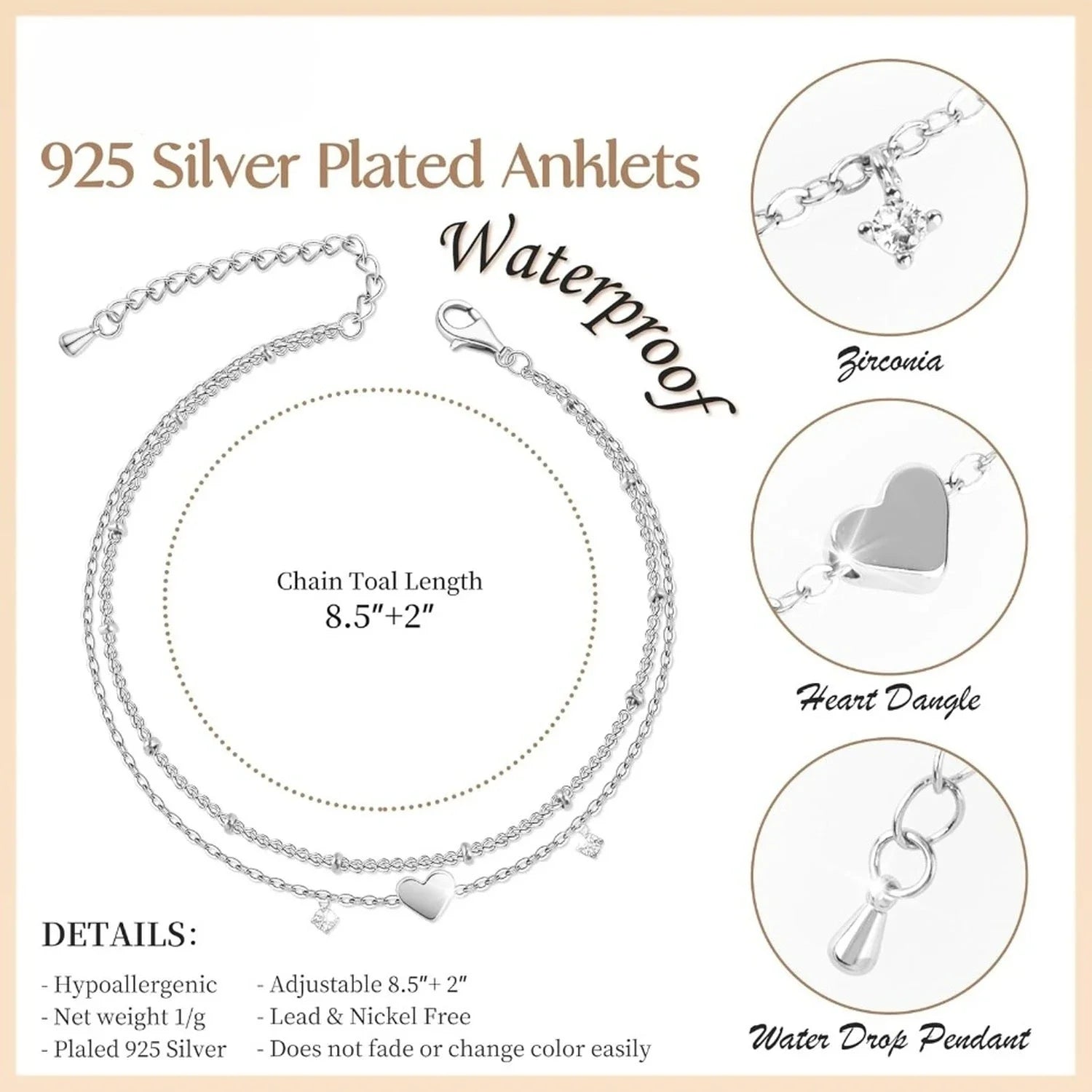 Anklet Bracelets for Women Waterproof, 925 Sliver Plated CZ Heart Layer Anklets for Women Anklet Gifts for Women, Jewelry Gifts