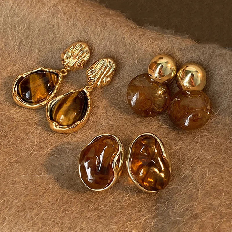 New Brown Resin Tiger Eye Stone Dangle Earrings for Women Fashion Silver Needle Earring Personality Melard Color Jewelry