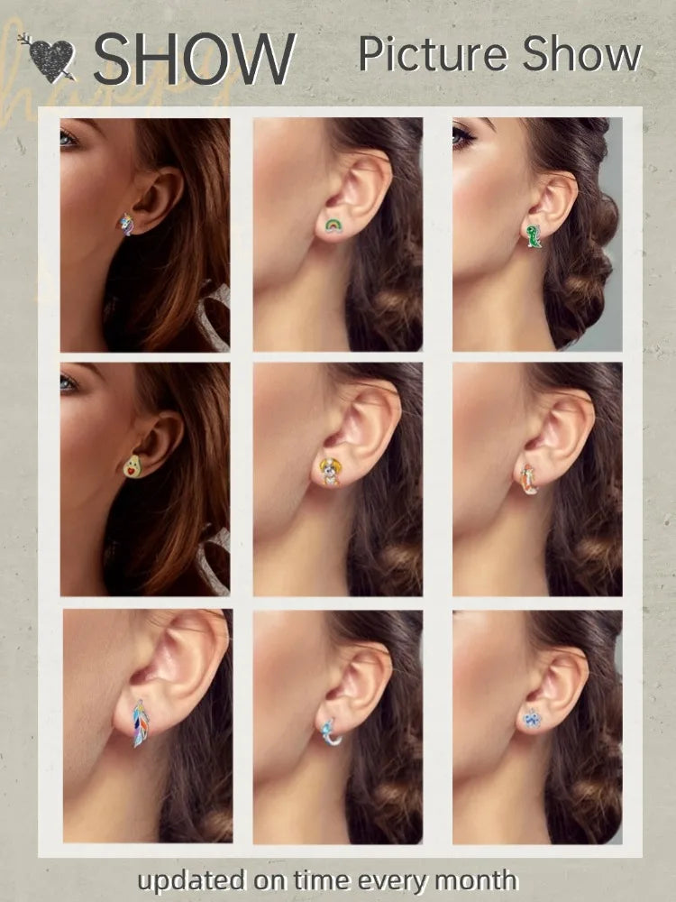 Unicorn Earrings 925 Sterling Silver Original Zircon Elephant Feather Dog Cat Blue Star Small Earrings For Women Jewelry Gift