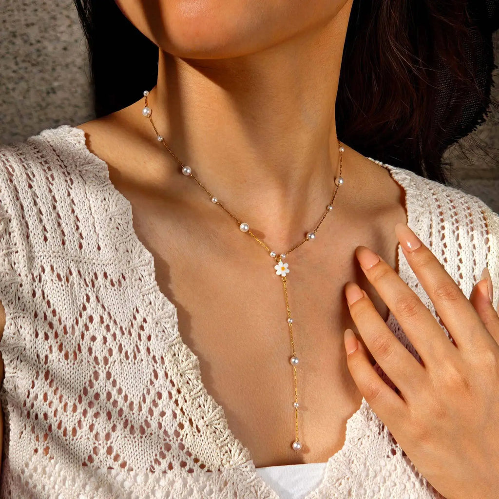 Vnox Flower Pearls Long Chain Drop Necklace For Women, Stainless Steel Waterproof Layered Jewelry, Light Luxury Collarbone Chain